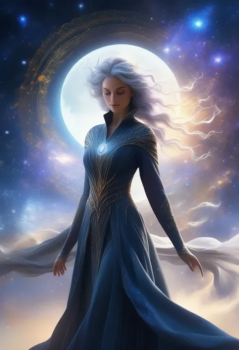 (best quality, 8k, masterpiece, highres, ultra-detailed), photorealistic, powerful sorceress, glowing eyes, distant stars, flowing black robe, silver stars, constellations, midnight blue hair, raised hands, shimmering magical energy, vast starry sky, swirl...