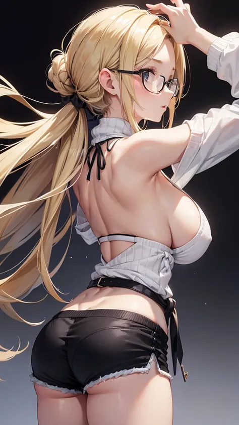 One woman,From the waist up,From the back,Big Breasts,Blonde,Long Hair,Raise your arms,Turning around, I tied my hair up with both hands,black off shoulder sweater,White shorts,Black-rimmed square glasses