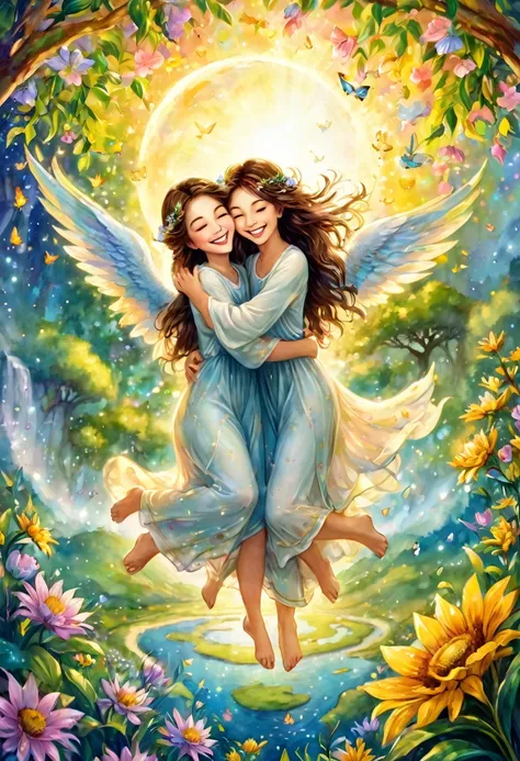 Angels hugging the earth and rejoicing, happiness, smiles, love