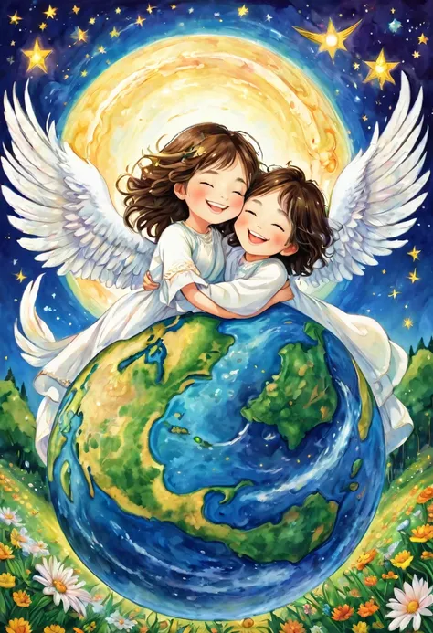 Angels hugging the earth and rejoicing, happiness, smiles, love