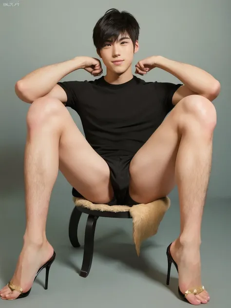 best quality, quality, masterpiece, photorealistic, Sit with your legs stretched out, 1boy，solo, full body, With body hair, black high heels, simple background, barefoot, Black Shirt ,  Japanese, 24-years-old,  Handsome,With body hair,Beautiful Boy,  Hairy...