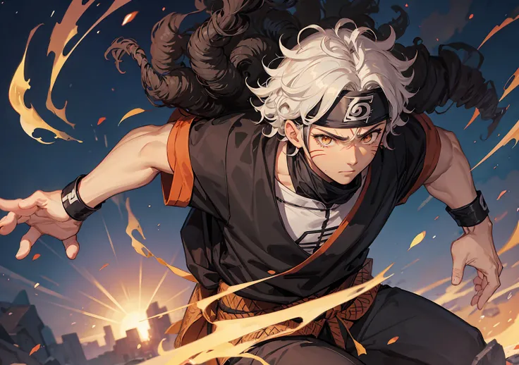 black boy with Naruto bandana, eyebrow scratch, curly hair, アニメ