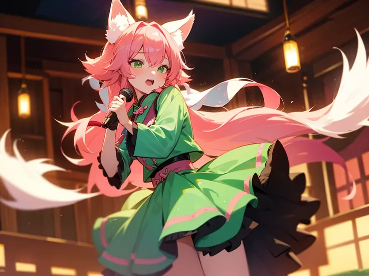 kitsune idol in a tavern, foxgirl, pink fox ears, pink fox tails, pink hair, green eyes, light blue idol dress, tavern background, high quality, masterpiece, singing