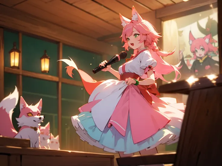 kitsune idol in a tavern, foxgirl, pink fox ears, pink fox tails, pink hair, green eyes, light blue idol dress, tavern background, high quality, masterpiece, singing