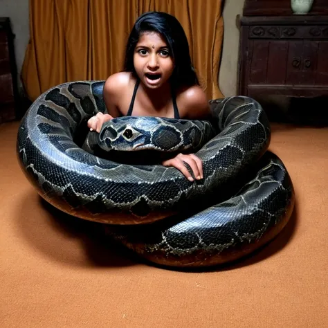  Happy Horny, aroused 1girl), beautiful kneeling young teen Indian pornstar  with  giant colossal black titanboa  squeezing her hard, wrapped in thick spiraling coils, constricted, struggle, gasping for air, snake attack, snake peril, moonless night, dim l...