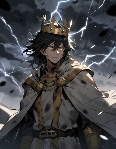 （only one person），dark sky，heavy rain，lightning，Dark clouds，(Battle damage，Battle damage), man, king, white clothes with yellow details, black messy hair, yellow eyes, badass, wind, wearing a crown, short black messy hair
