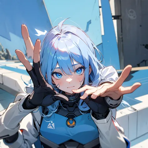 Robot, Half face destroyed, Bright Blue eyes, Making Peace symbol with hands, Over a building