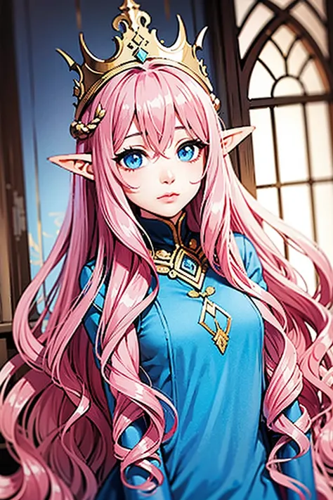 Woman, long wavy hair, pink hair, blue eyes, elf, Crown