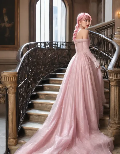 ((masterpiece, Highest quality, Best image quality, High resolution, Realistic, RAW Photos, 8K)), Woman in evening dress, (Long pink hairhair tied back, Jeweled wig, Long gloves, Glass Slipper, Bare shoulders, Bare back), Looking back from halfway up the w...