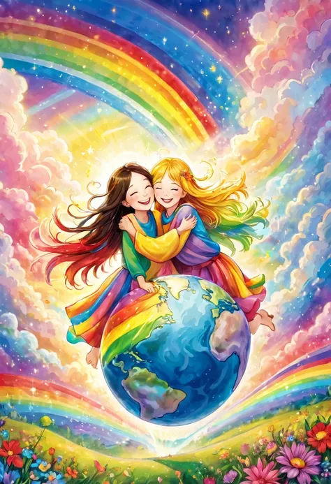 Angels hugging the earth and rejoicing, happiness, smiles, love, big rainbow colored light