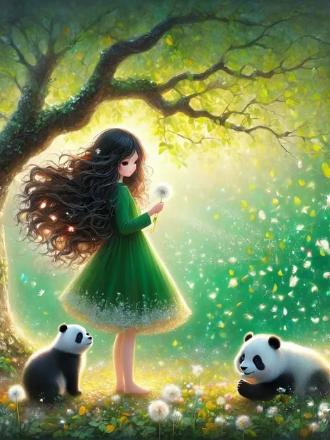 1girl, 独奏, Long hair, Red hair, Long sleeve, skirt, myopia, flower, from the side, Tree, contour, animal, Watermark, Wavy Hair, flower卉印flower, panda, plant, Nature, Network skirt, forest, curls, Green dress, vine，Glowing silver light，Innocence，storybook-l...