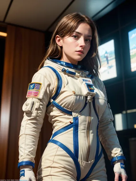 there is a woman 30yo wears intricate astronaut suit, a hyperrealistic astronaut, hyperrealistic astronaut, shuttle launch pad in background, (4 k photorealism)!!!, (4 k photorealism)!!, [ 4 k digital art ]!!, realistic shaded perfect body, realistic anime...