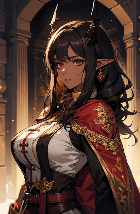 brown skin, older woman, sexy, tall, brown skin, one dragon wing, black hair, elf, elf ears, dragon horns, red eyes, purple clothing