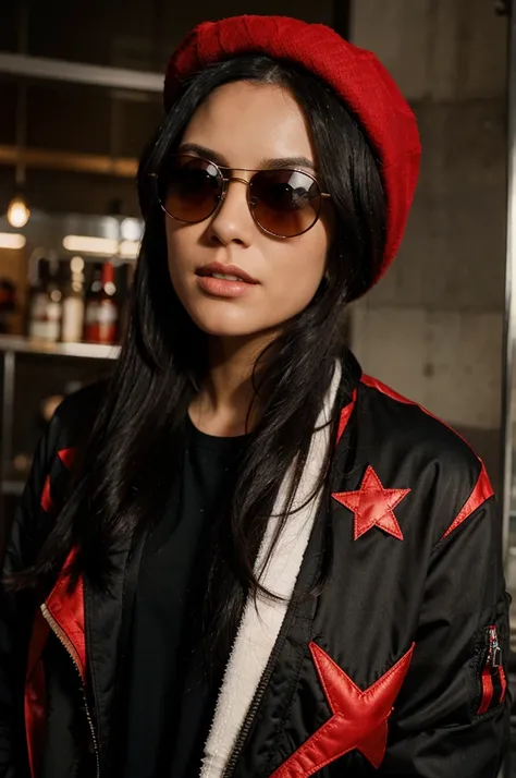 The female character has long black hair, wearing a red hat, wearing sunglasses, wearing a jacket with stars