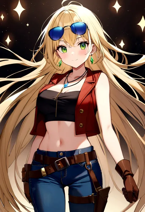 20 year old girl, long flowing blonde hair, blue sunglasses on head, cute face, green eyes, light blush, green earrings, prism necklace, black tube top, open midriff, red vest, brown biker gloves, jeans, brown belt, steel toe boots, large chest