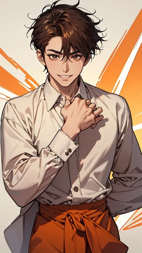 Japanese, man, slim body, short fluffy hair, brown hair, grinning face, wide double eyelids, cute face, dress shirt, orange clothes, flashy wristwatch, white background