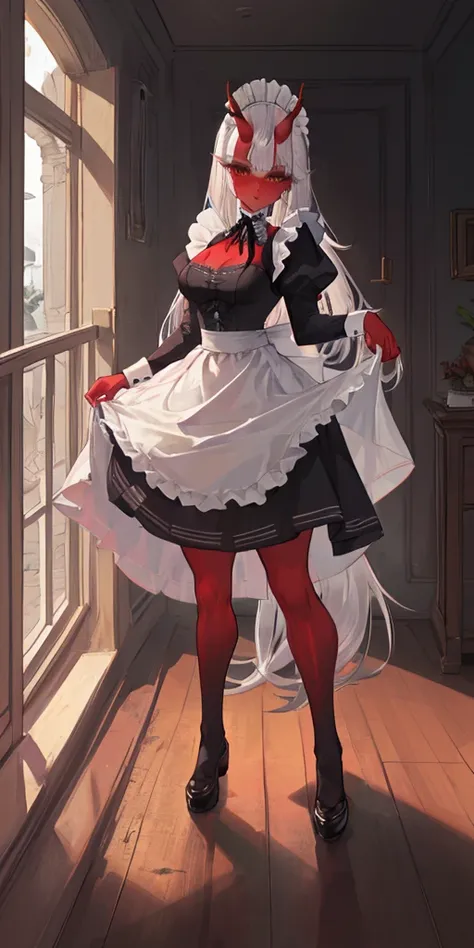 1 girl, (((oni girl))), (((red skin))), horns, white hair, ((maid)), (solo female), white maid apron, maid headdress, maid skirt, (((victorian maid dress))), puffy sleeves, fascinated expression, full body portrait, inside mansion, bedroom background