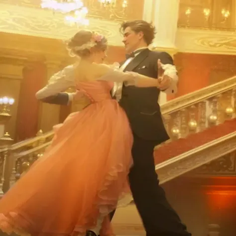 Two people are dancing in the ballroom, Inspired by Delphin Enjolras, ballroom background, Movie promotional images, Dancing gracefully on you, Inspired by Paul Émile Chabas, Movie Stills, 艾玛·沃特森 Movie Stills, film stills, Wearing a pink  dress, Court Danc...