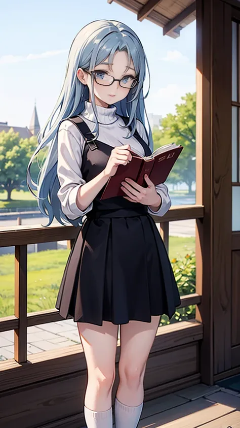 Create an anime-style illustration of a 17-year-old girl named Shizuka. She has long, straight, blue hair with bangs cut straight across her forehead. She has large, almond-shaped silver-blue eyes and porcelain-like white skin. Shizuka often wears glasses....