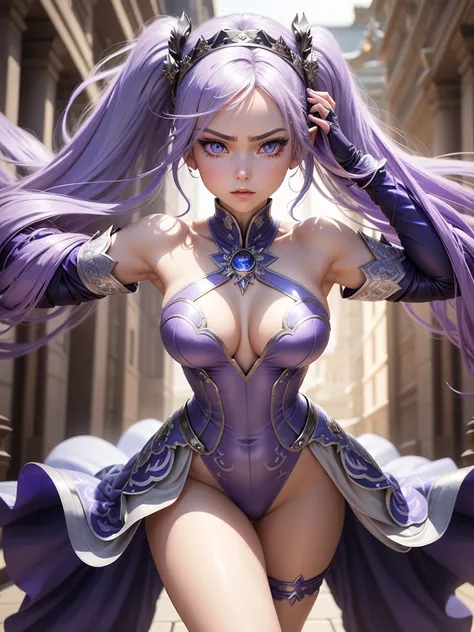 Create a 3D image in anime cartoon style of a beautiful geigha with blue-violet eyes with all her equipment surrounding the imperial palace in a fighting attitude. She carries a beautiful, perfectly detailed silver sword. Her dress is spectacular. She appl...