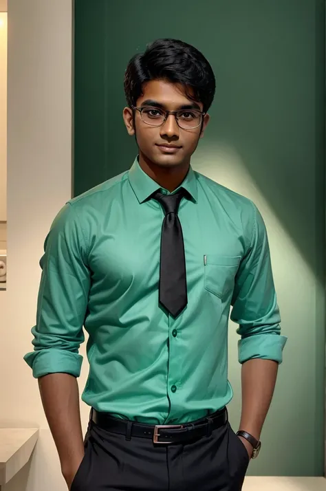 21 year old indian boy with fair skin wearing spectacles and narrow body posing for a linkedin picture in formals green light in background 