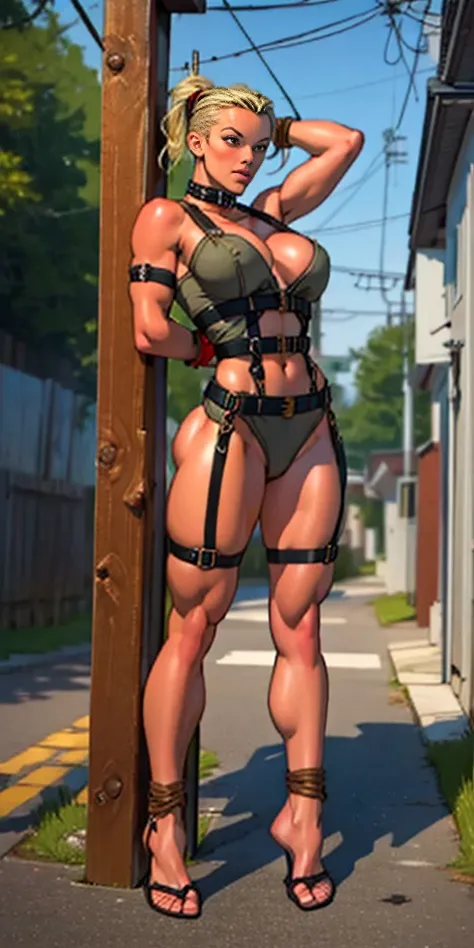 (masterpiece, best quality), intricate details, 1sologirl Cammy White from Street Fighter (standing full body toe to head by wooden pole:1.2) iron collar, arms behind back, iron cuffs, shackles, bound, bondage outfit, harness, o-ring, bondage outfit blindf...