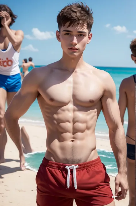 white man with little hair on his chest with short brown hair and brown eyes without a condom with red shorts along with a boy in a tank top and blue shorts on the beach with several people behind 