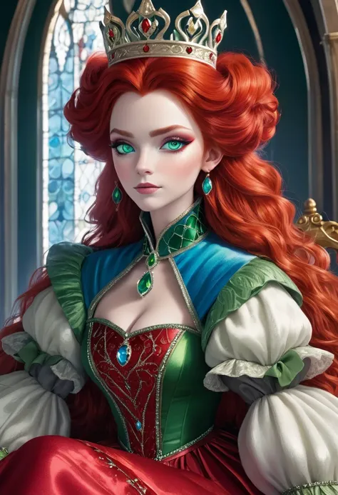 Red Queen，High Fluffy Red Hair，Green eyes，Blue eye shadow，Gorgeous crown，Sitting