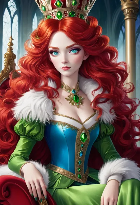 Red Queen，High Fluffy Red Hair，Green eyes，Blue eye shadow，Gorgeous crown，Sitting