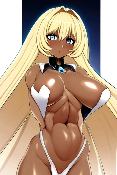 A sexy, voluptuous, muscular rabbit girls, Within dark skin, blonde hair, blue eyes with a malicioso face