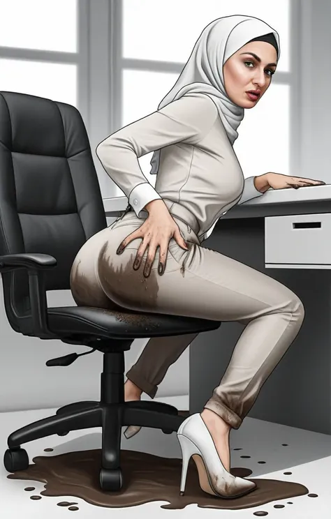 (((Realistic graphics))), (((realistic textures))), realistic face features, realistic body proportions, 1girl, skinny body, wearing white hijab, white chino pants, tight long sleeve classic buttoned shirt, white heels, nervous facial expressions, very swe...