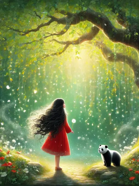 1girl, 独奏, Long hair, Red hair, Long sleeve, skirt, myopia, flower, from the side, Tree, contour, animal, Watermark, Wavy Hair, flower卉印flower, giant panda, plant, Nature, Network skirt, forest, curls, Green dress, vine，Glowing silver light，Innocence，story...