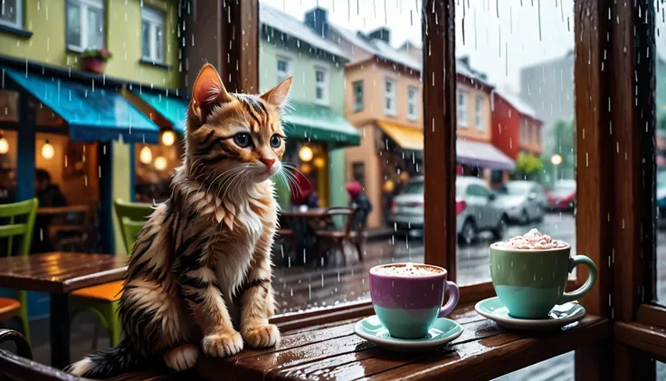 (Photo Cinematic), Rain outside, Kitten, Sitting by the window in a cafe, Drinking hot chocolate, Reading, 2D, Colorful, Warm atmosphere,