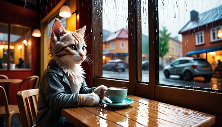 (Photo Cinematic), Rain outside, Kitten, Sitting by the window in a cafe, Drinking hot chocolate, Reading, 2D, Colorful, Warm atmosphere,