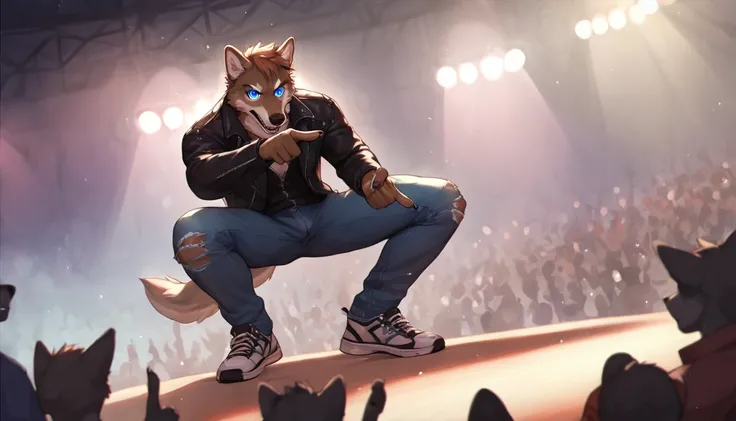 (cinematic, score_8_up,:1.5), by chunie, male, masculine, muscular, plantigrade, (hi-top_sneakers), black leather jacket, ripped jeans, anthro, furry, gray_wolf, (pointing_at_viewer:1.2), looking down at crowd, concert stage, flashing lights, forced perspe...