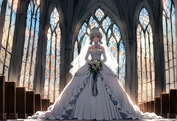 1 girl，KasuganoSora， Sora，white pantyhose，wedding dress，white gray hair，long double ponytail，bridal bouquet，wedding veil，White Moonlight， church， Glass Window