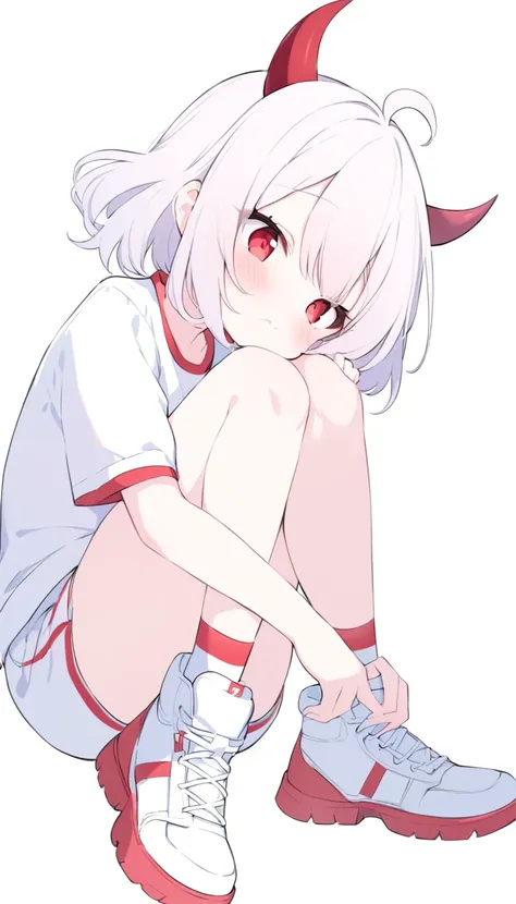 Teenage girl, devil girl, small red horns, white hair, short fluffy hair, big red eyes, pale skin, blushing cheeks, red cheeks, white sportswear with a red side stripe from left to right. white background, full body