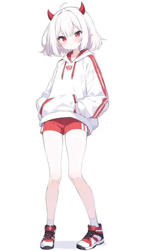 Teenage girl, devil girl, small red horns, white hair, short fluffy hair, big red eyes, pale skin, blushing cheeks, red cheeks, white sportswear with a red side stripe from left to right. white background, full body