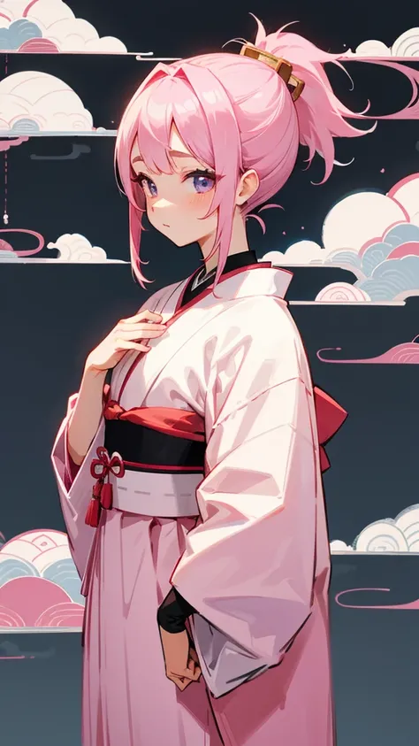 Pink hair in a ponytail。
Im wearing a Japanese traditional .
Background is white。