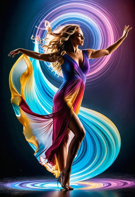 (best quality, 8k, masterpiece, highres, ultra-detailed), photorealistic, woman, dancing, swirling vortex, colors, light, fluid,...