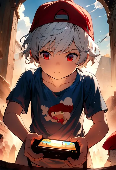 6 year old boy, white hair, red cap backwards, red eyes, blue tank top, red t-shirt inside. Play game