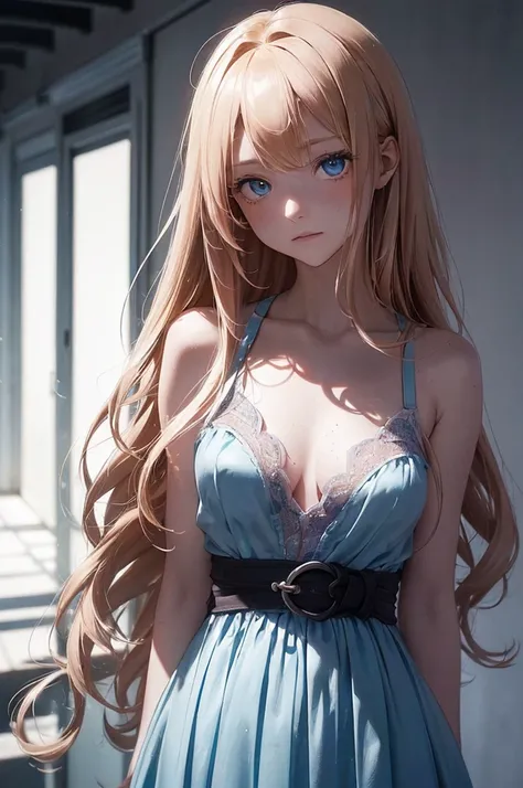 ((1 Female, 1 person, Solitary) Alice,  Humanity, Long curly blond hair, blue eyes, freckle, teenager, 18 years, Rebirth_ongoing) (Main Part, Super detailed, 8K, (HD, Sunlight:0.5, Soft_shadow:0.5, atmosphere_light, 8K, 4K, Surrealism, elegant, ((((Appeara...