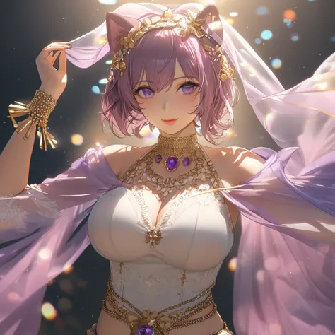 a beautiful woman in a sheer, elegant outfit, wearing a light, translucent purple shawl on her head, perfect for hot summer weather, idol-like presence, with gold accessories balanced throughout, posing with a plush dog toy, highres, 8k, detailed, photorea...