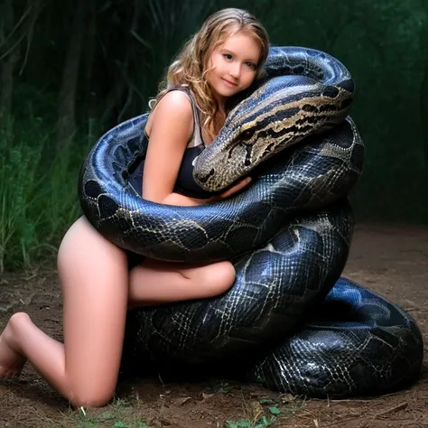  Happy Horny, aroused 1girl), beautiful kneeling young teen  pornstar  with  giant colossal black titanboa  squeezing her hard, wrapped in thick spiraling coils, constricted, struggle, gasping for air, snake attack, snake peril, moonless night, dim light