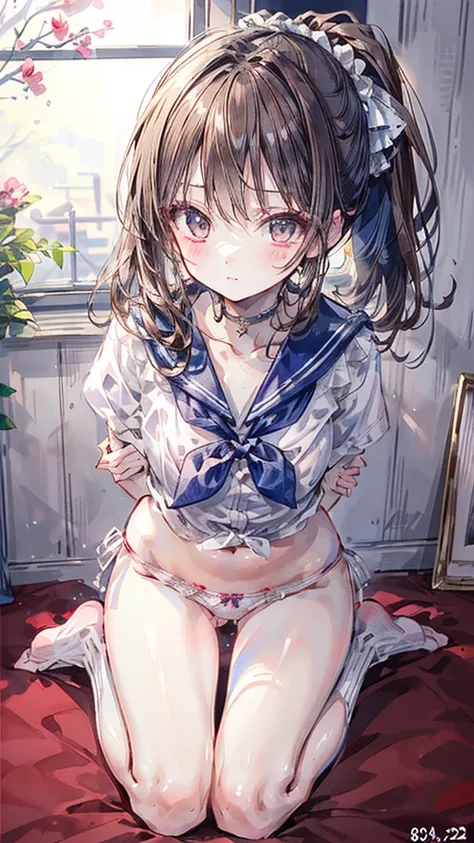 (Best quality, 8k, 32k, Masterpiece, UHD,:1.2),RAW, human, 1girl,ultra cute , ultra cute, natural lighting,transparent shining eyes, 20yo, small breast ,femur, fair complexion , flushed face, suspension, rope, sailor suit, string panties, sailor suit、tied ...