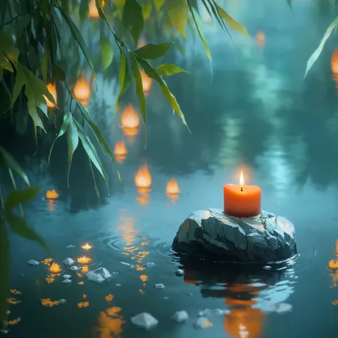 A candle rests on a rock in the water, Peaceful atmosphere, Relaxed atmosphere, Zen Nature Background, Peaceful atmosphere, Peaceful environment, Floating Candles, Peaceful and serene, Quiet and peaceful atmosphere, Relaxing environment, High-resolution wa...