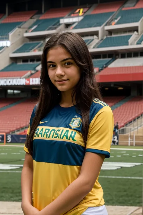 an 18 year old girl is in the stands of the football stadium, With the shirt of the Brazilian National Team 