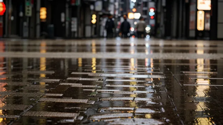 tokyo sidewalk at afternoon after rain with wet streets, bokeh, focus on ground, make it like garden of words style, warm tone, no human, no people on it, (((very low angle))), (((detailed background)))