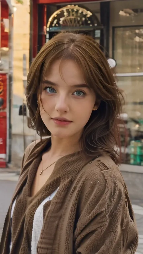 A white girl with green eyes and brown hair, Looking into your eyes, with low-cut clothes