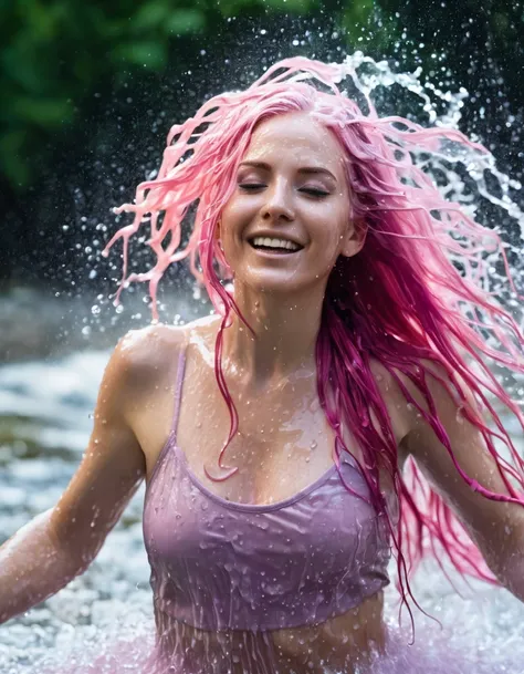 photo of a beautiful  woman with long pink hair, made of water, dancing in the water,covered with water particles,water splashing face,flowing water,covered with water, pink hair ends with water stream,water explosion,water splashes,